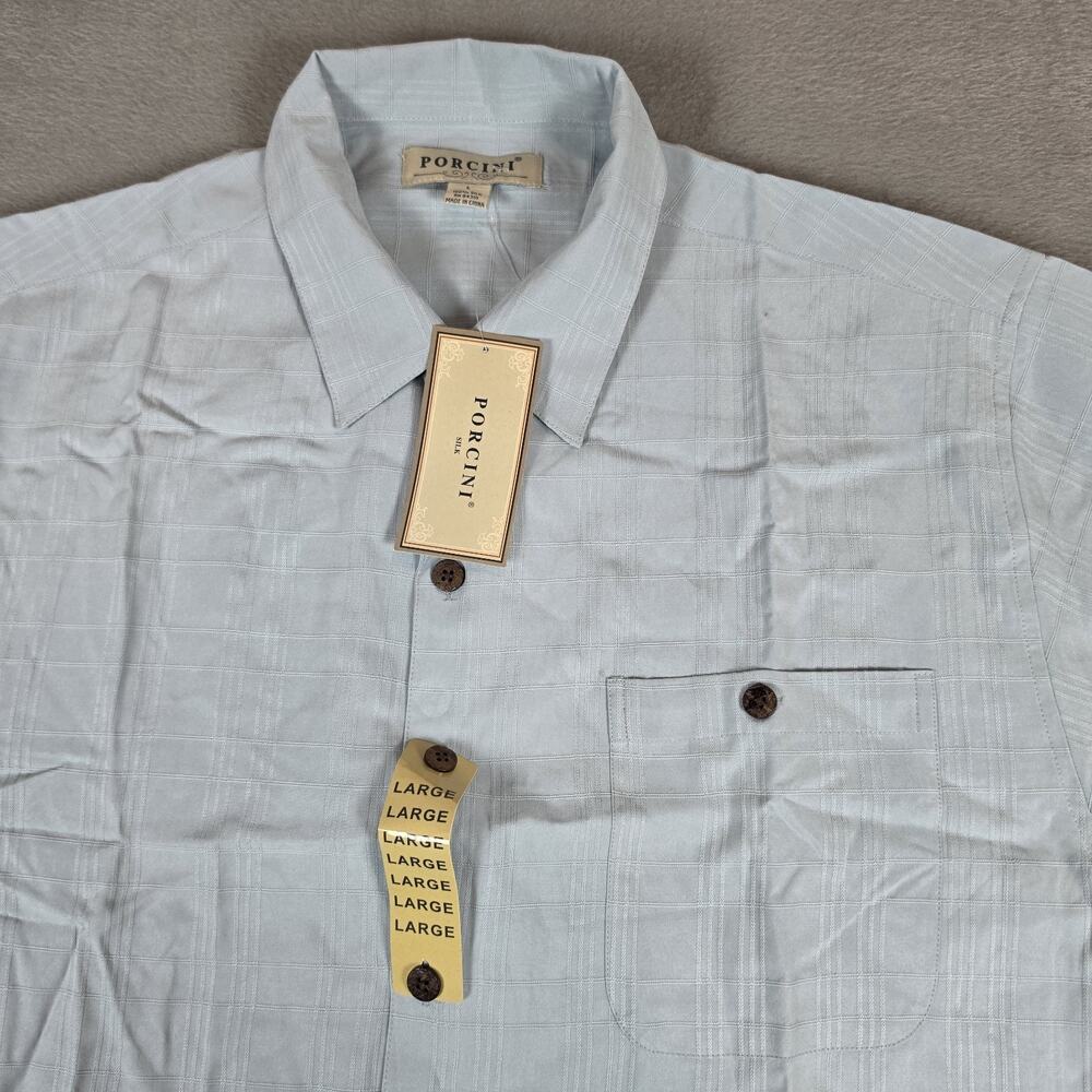 Porcini 100% Silk Shirt Mens Large Sky Blue Plaid Short Sleeve Button Front